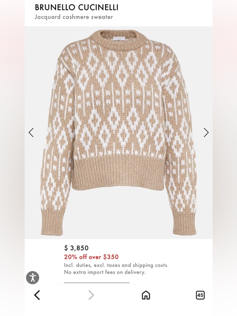 Brunello Cucinelli crew neck womans cashmere jumper jacquard sweater size small